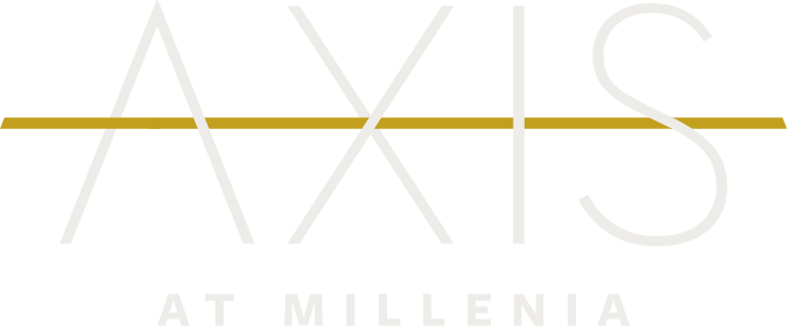 A white and gold logo for axis at millenia on a white background.