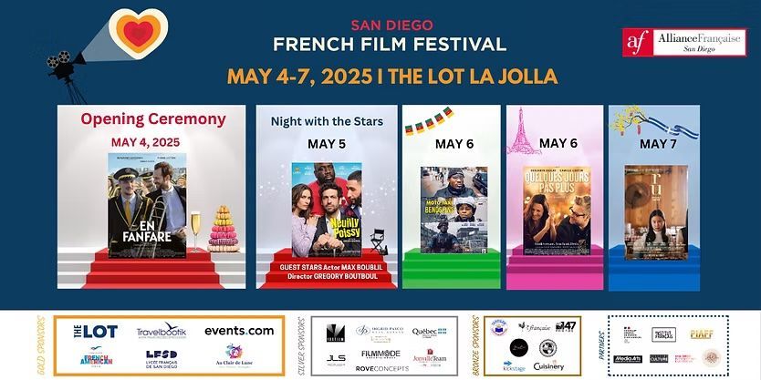 San Diego French Film Festival poster featuring movie stills and event dates.