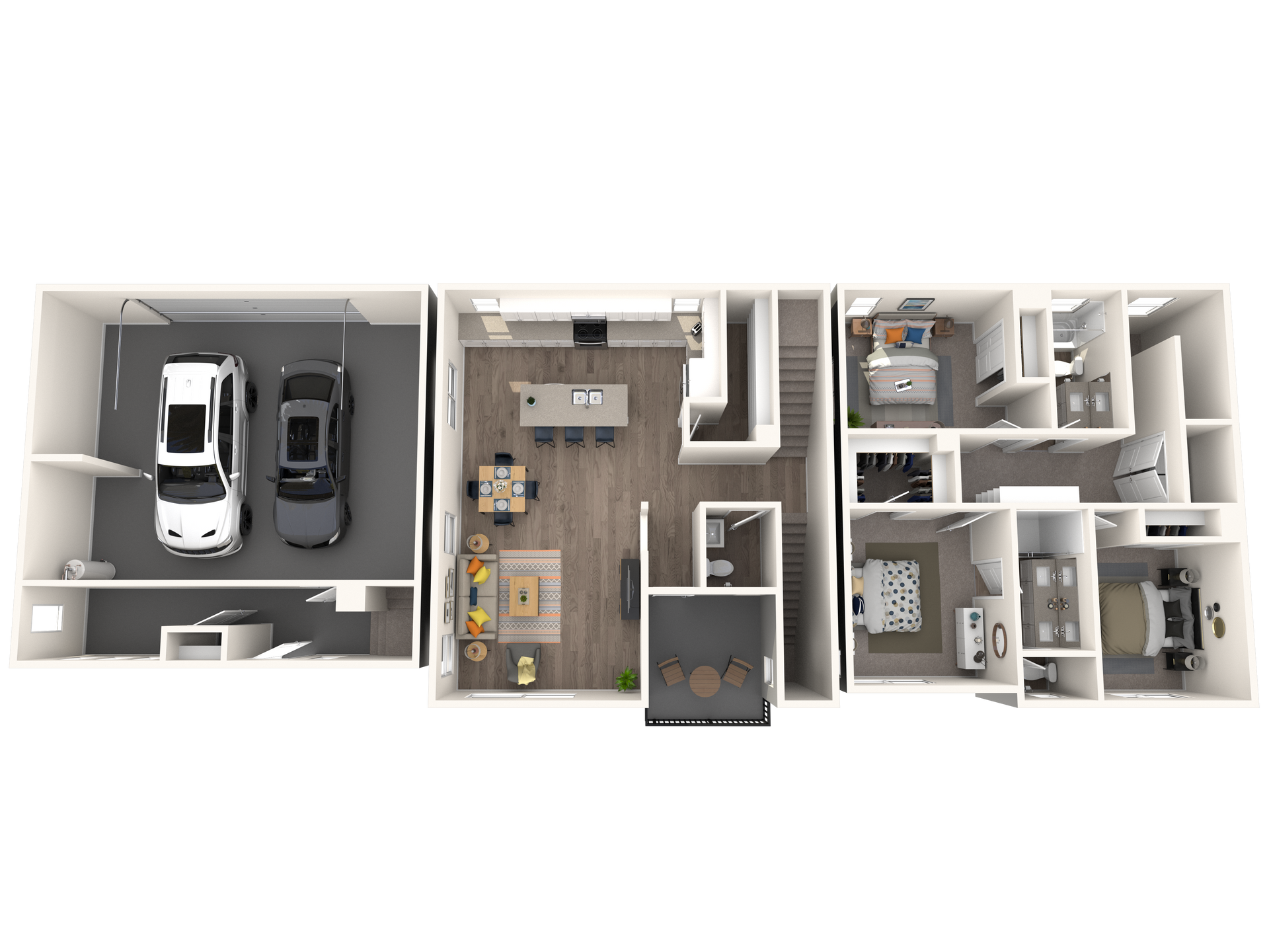Floor plan of a multi-level home with a garage, kitchen, dining, living area, and bedrooms.
