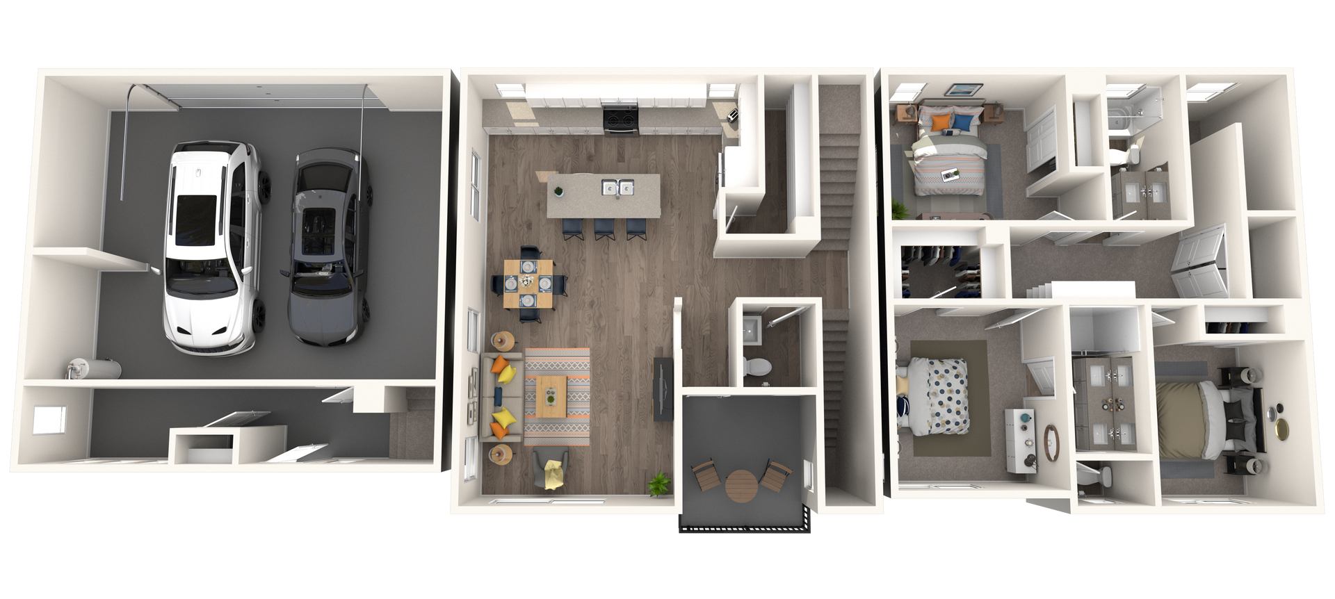 Floor plan of a modern home. Garage, kitchen, living area, and bedrooms.