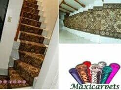 Una escalera con una alfombra y una imagen de una escalera con una alfombra.