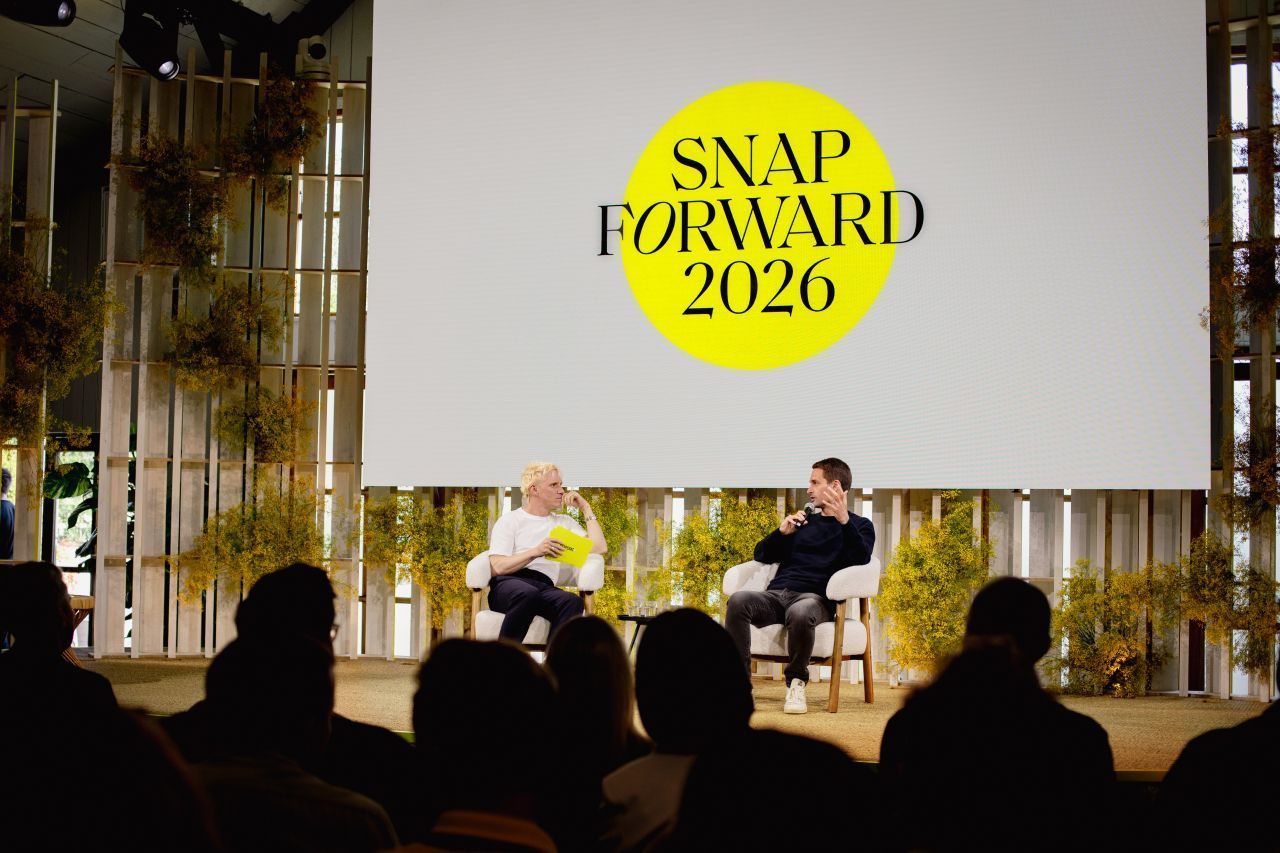 Main stage LED wall at Snap Forward 2026, Soho Farmhouse, displaying the Snap Forward 2026 logo duri