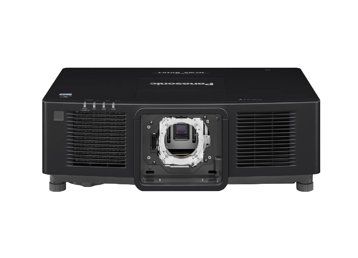 Black projector with front lens on a white background