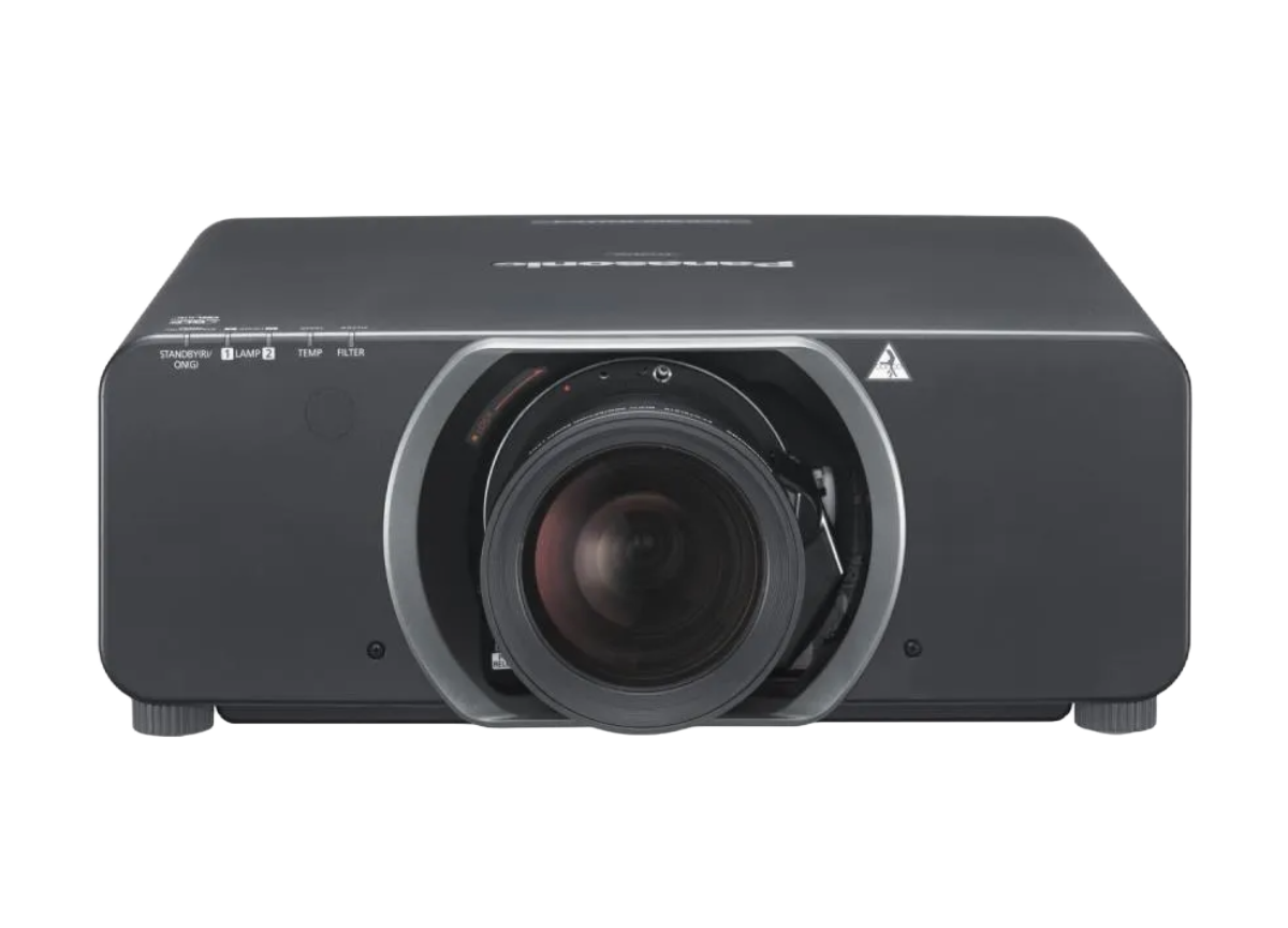 Black projector with large central lens on a white background