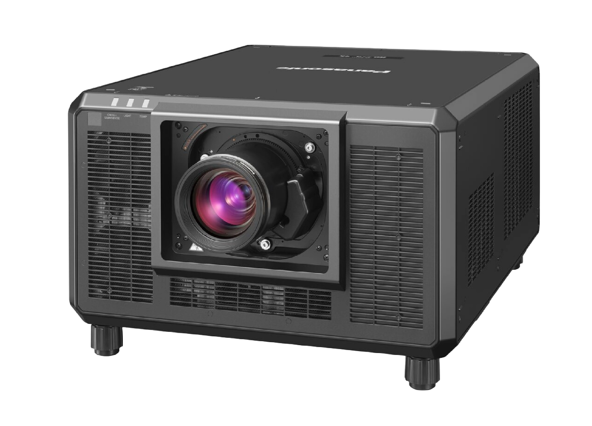 Black professional projector with a prominent lens on the front and ventilation grilles.