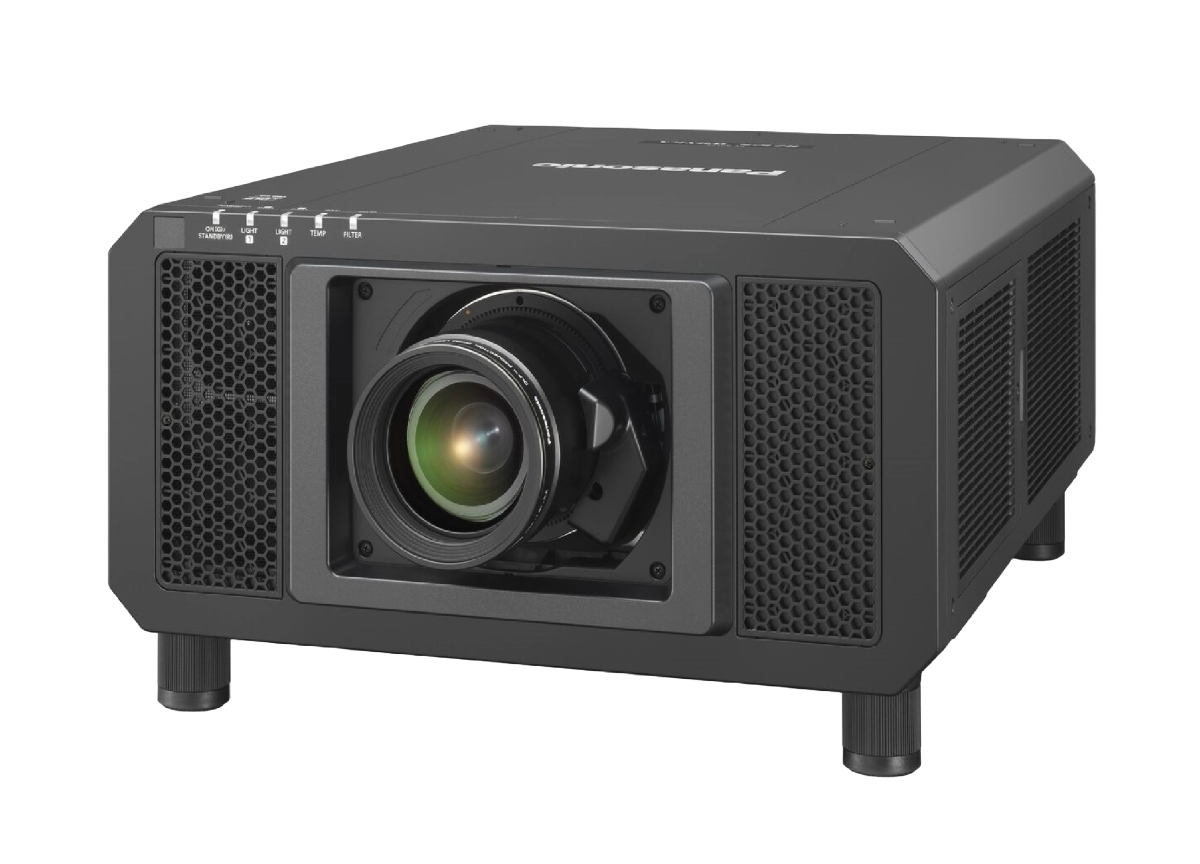 Large black professional projector with a prominent lens and vented sides