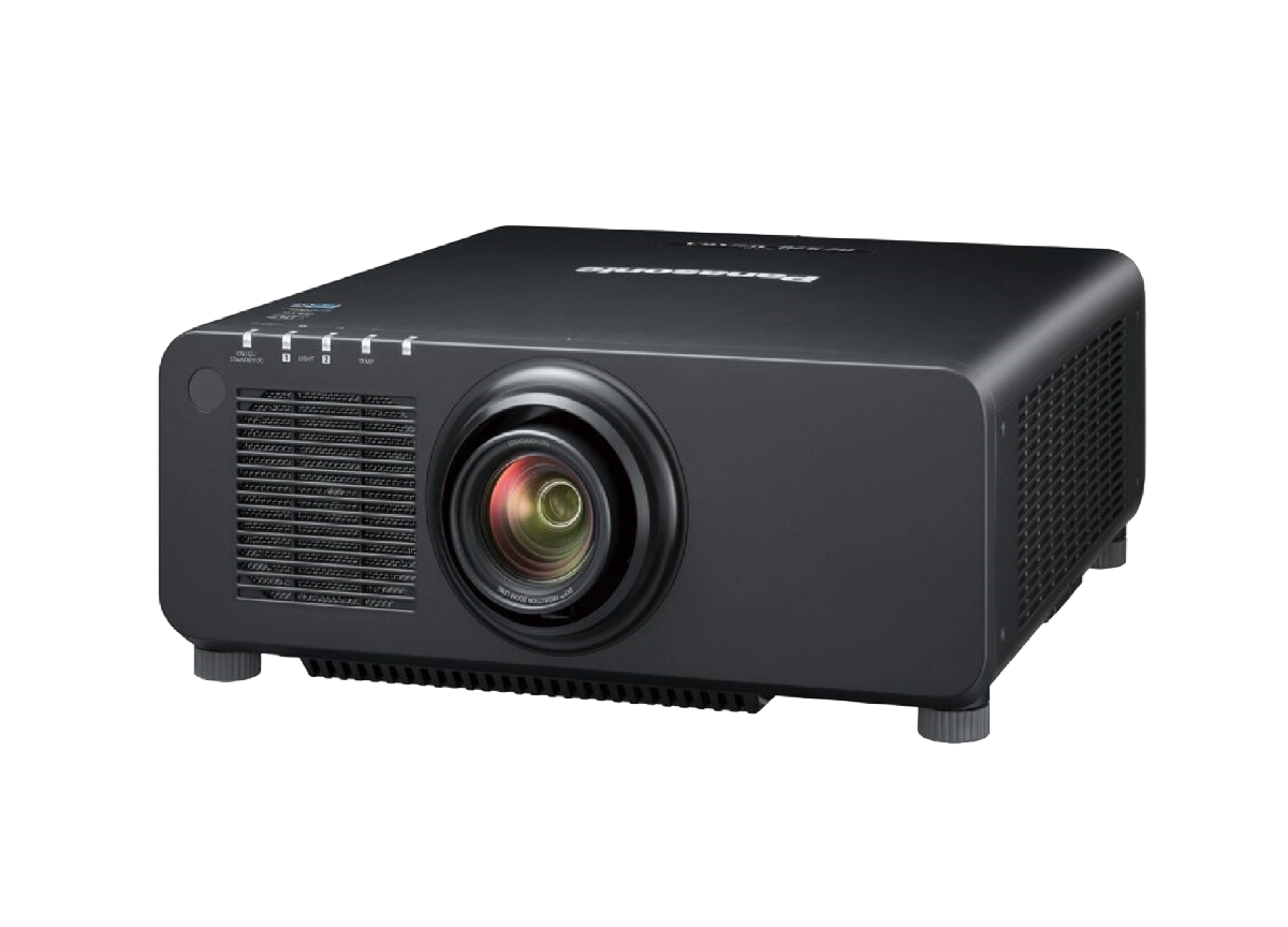 Black home theater projector with large lens on a white background