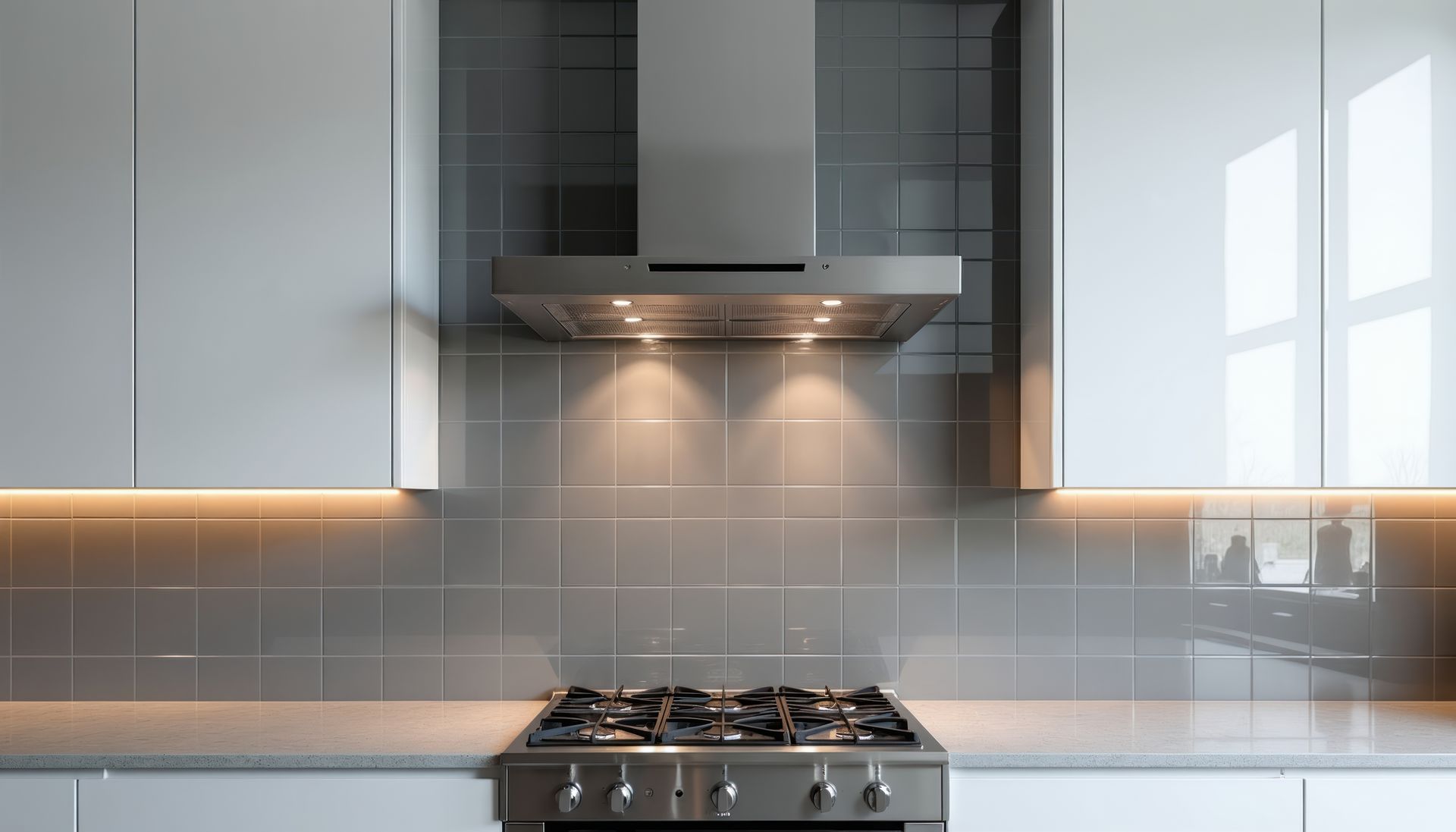 Modern kitchen with white cabinets, gray tile backsplash, stainless-steel stove, and range hood.