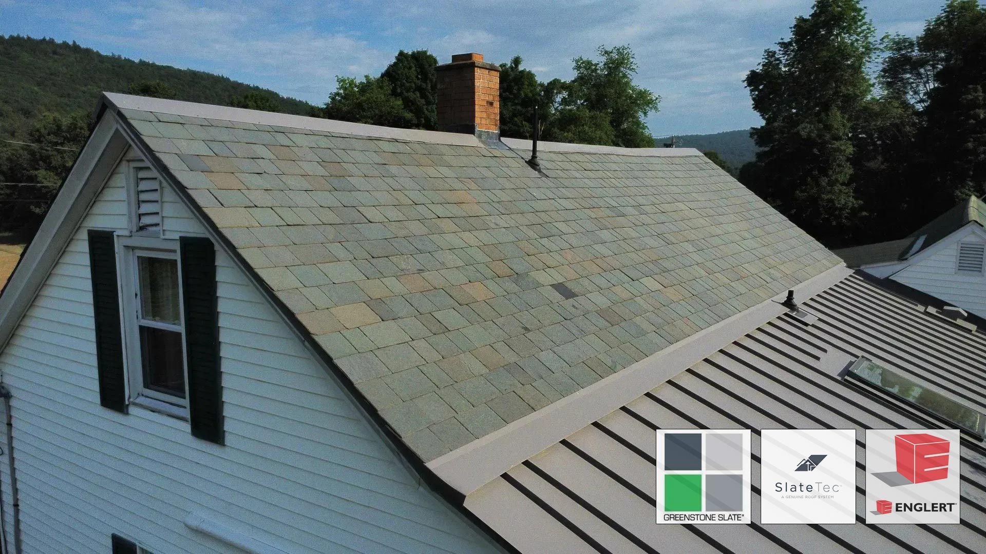 Greenstone Slate roof with SlateTec system and slate gray standing seam metal in Bernardston MA