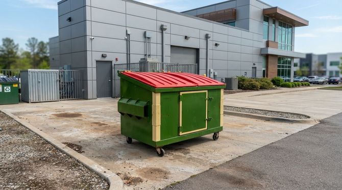 Green dumpster with red lid in a parking lot beside a modern gray building.