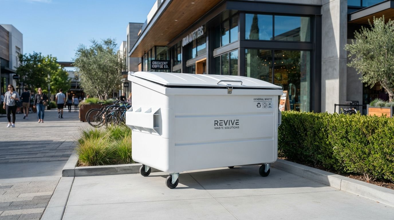 White commercial dumpster on a sidewalk outside a modern glass-front building, with people walking in the background
