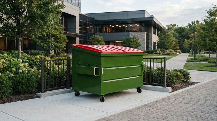 Green dumpster with red lid on a sidewalk outside modern apartment buildings