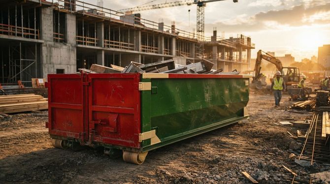 Construction site with red and green dumpster, workers, and unfinished building at sunset