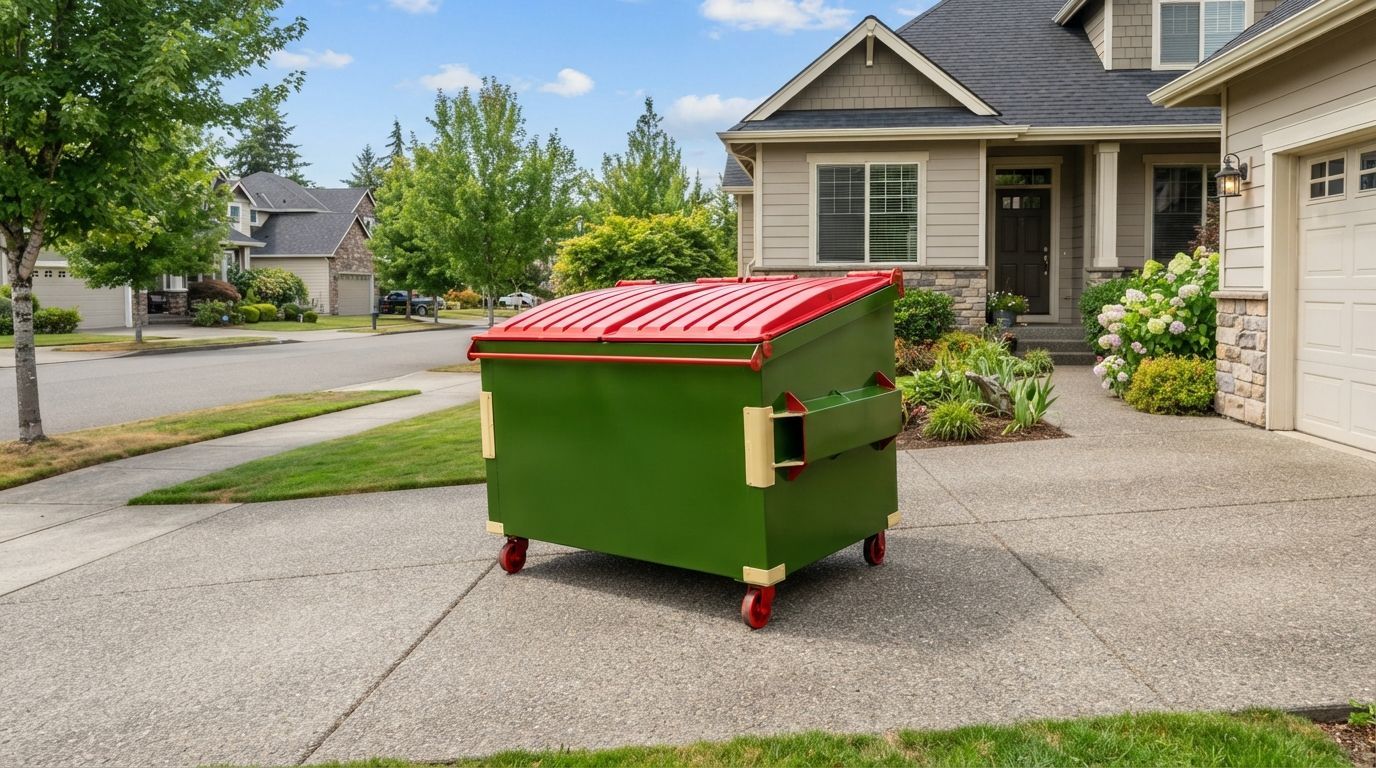 Green dumpster with red lid on a suburban driveway in front of a house