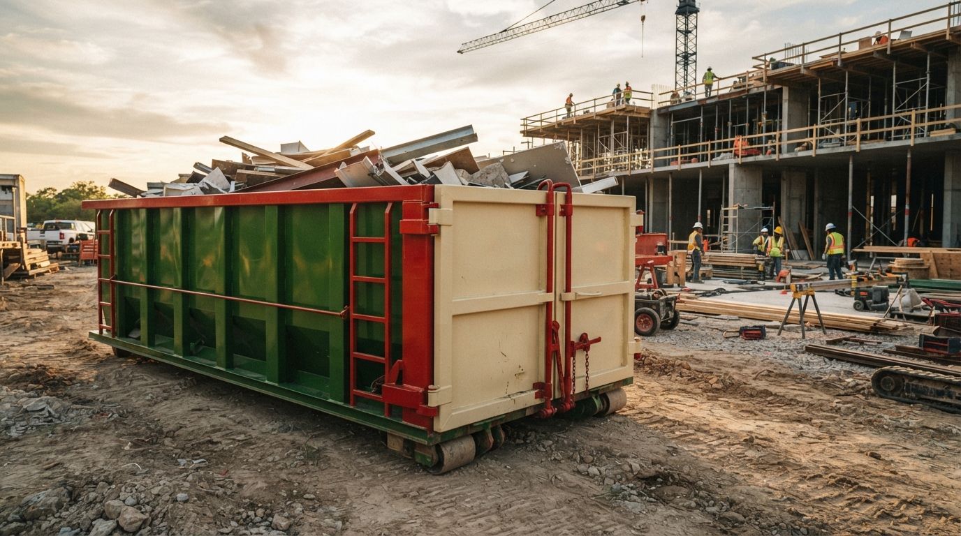 Large green and beige construction dumpster at a busy building site with cranes and workers in the background