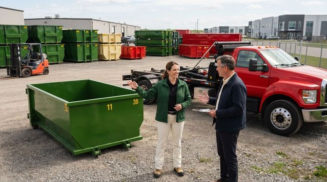Two people standing beside a large green dumpster in an industrial yard with red trucks and stacked bins.