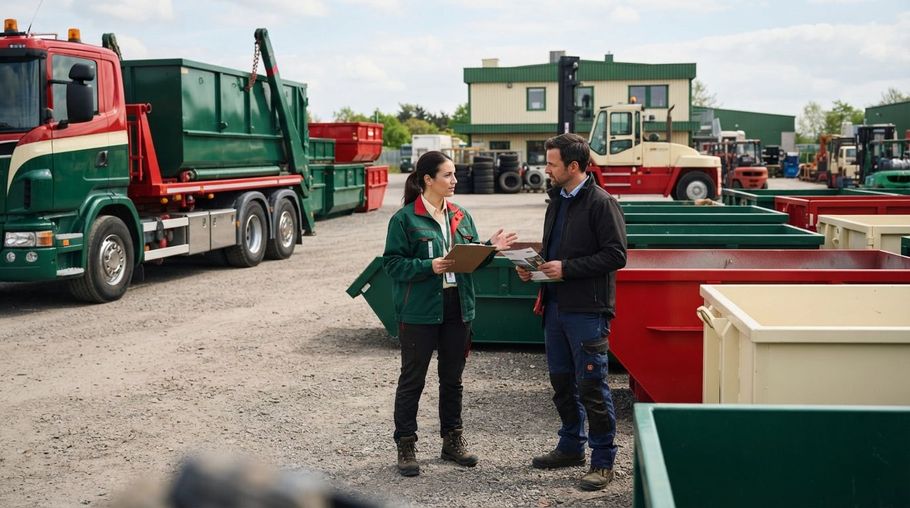 Two people talk beside large red dumpsters and a green garbage truck in a gravel lot.
