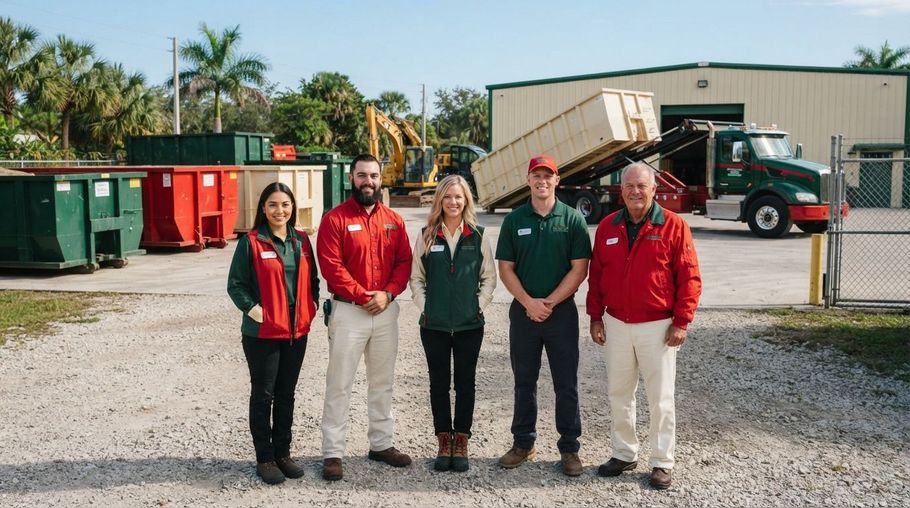 Five people stand in front of trash bins and trucks at a waste facility on a sunny day.