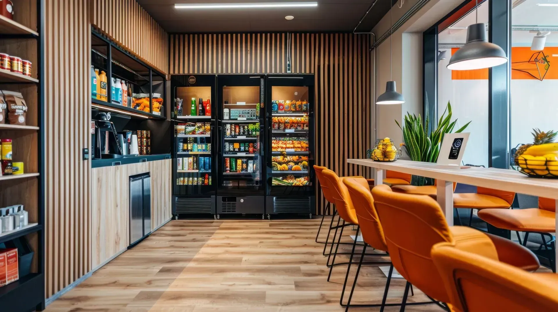A room with tables , chairs , refrigerators and shelves in Los Angeles, CA