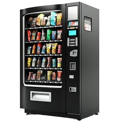 A vending machine filled with snacks and drinks on a white background in Los Angeles, CA