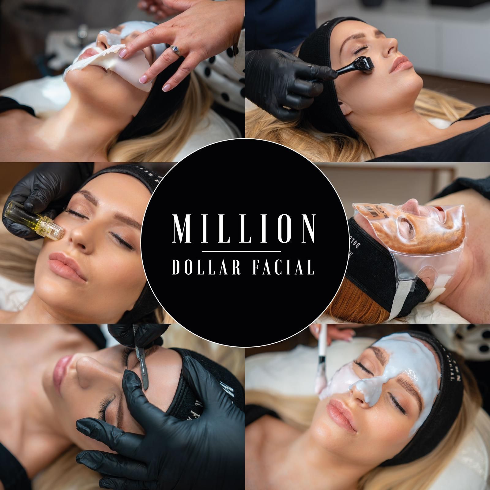 Collage showing treatments included in the Million Dollar Facial, including dermaplaning, microneedling and LED therapy