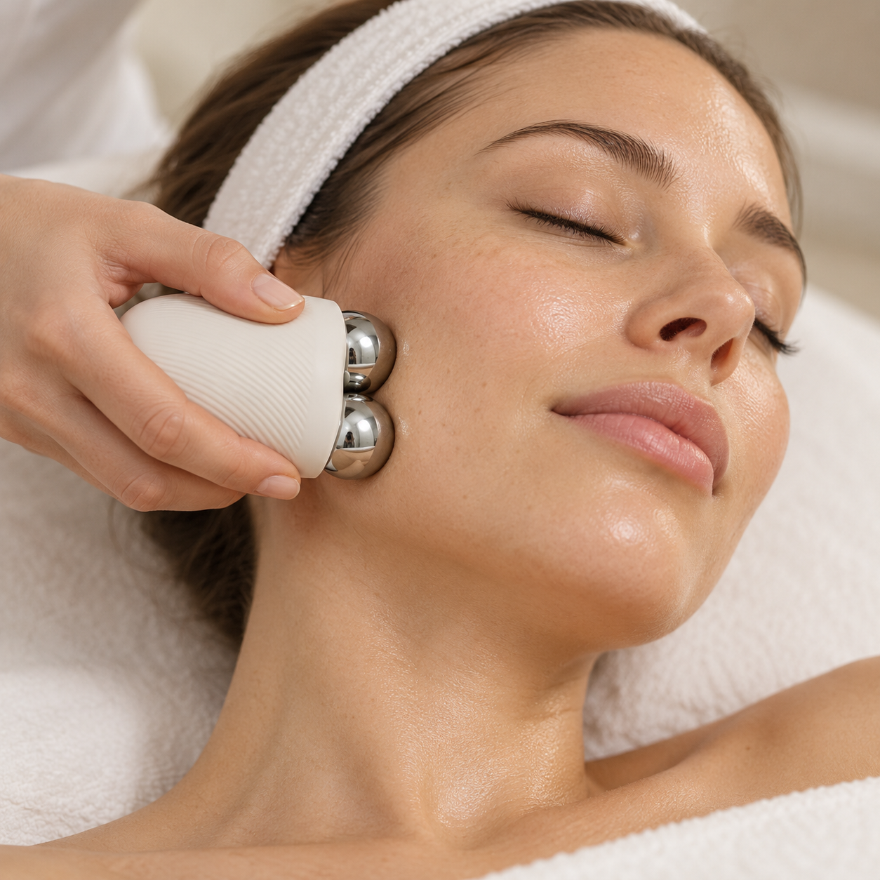 A therapist using the Million Dollar Orb on a client’s face.