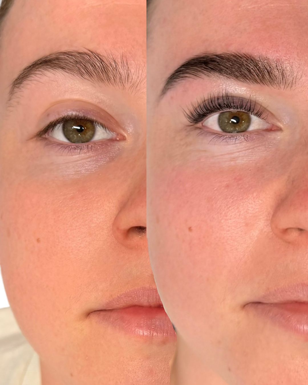 Before and after a Korean lash lift, showing lifted, defined lashes