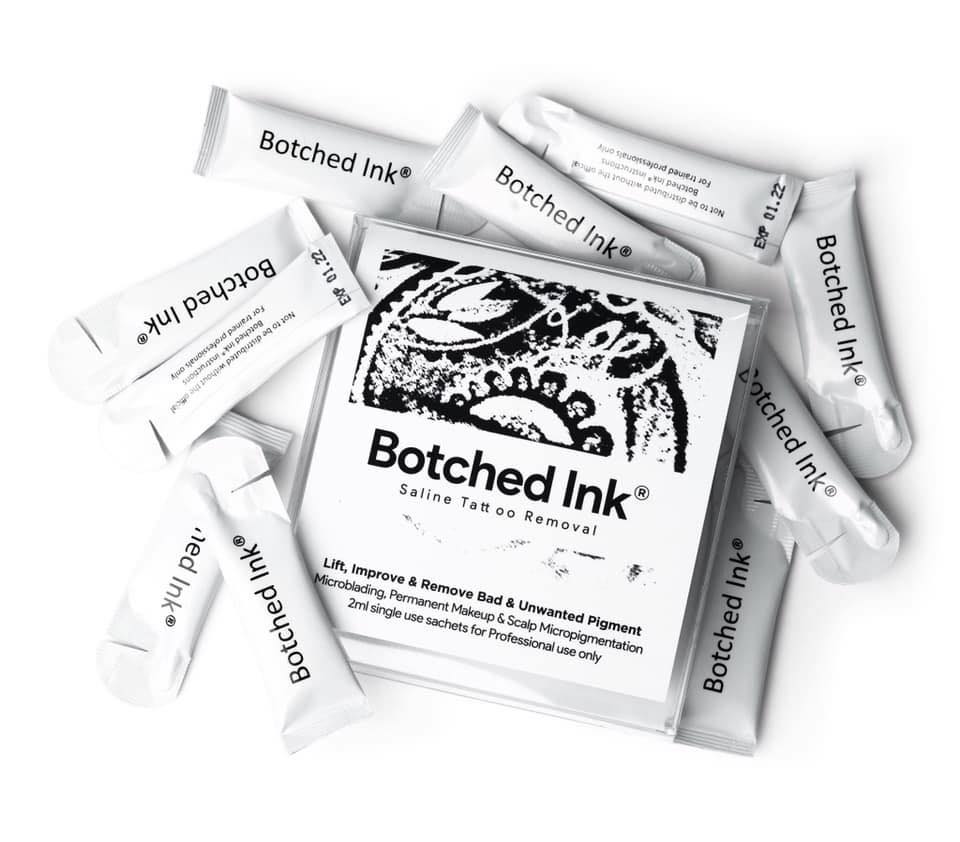 Botched Ink saline solution sachet for cosmetic tattoo removal.