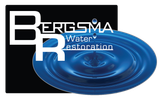 Bergsma Water Restoration logo with blue water ripple on black background