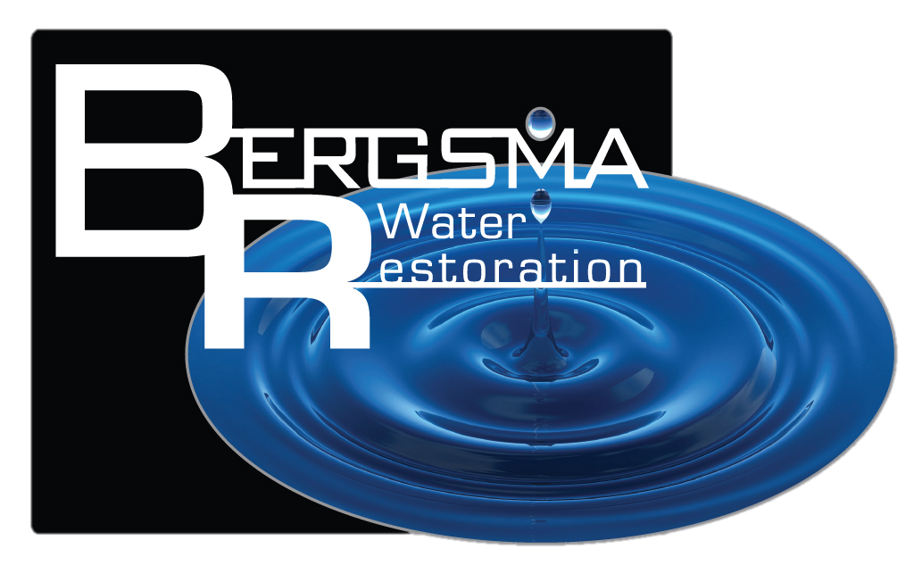 Bergsma Water Restoration logo with blue water ripple on black background
