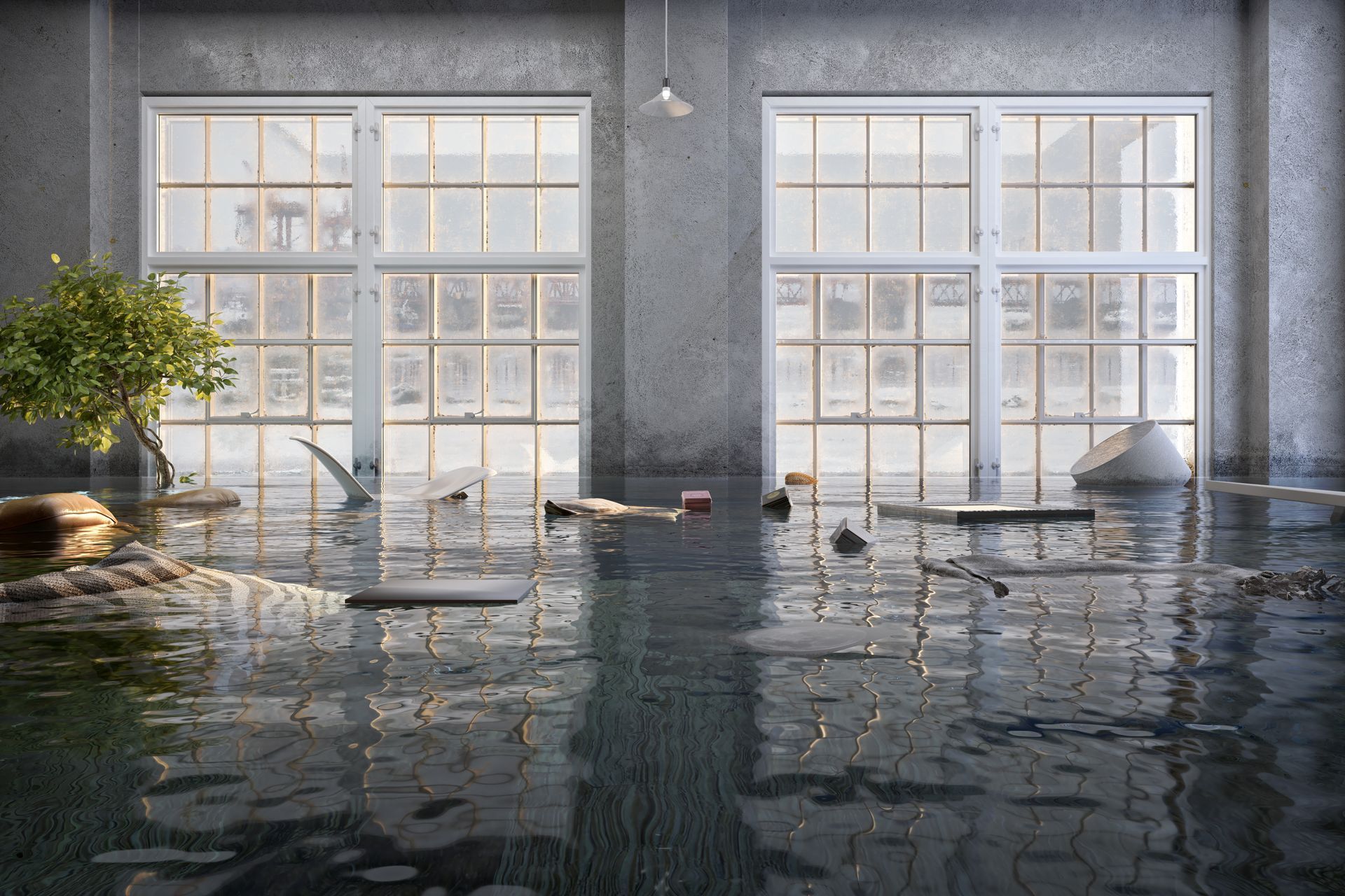 Flooded room with large windows, a small tree, and furniture partly submerged in water