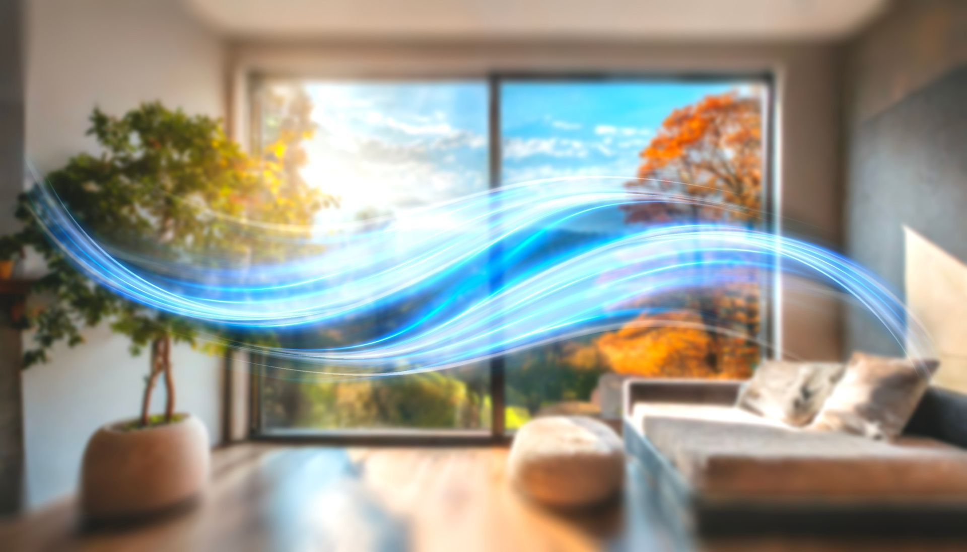 Modern living room with sunlight, a large window, and blue airflow waves showing cool air circulation
