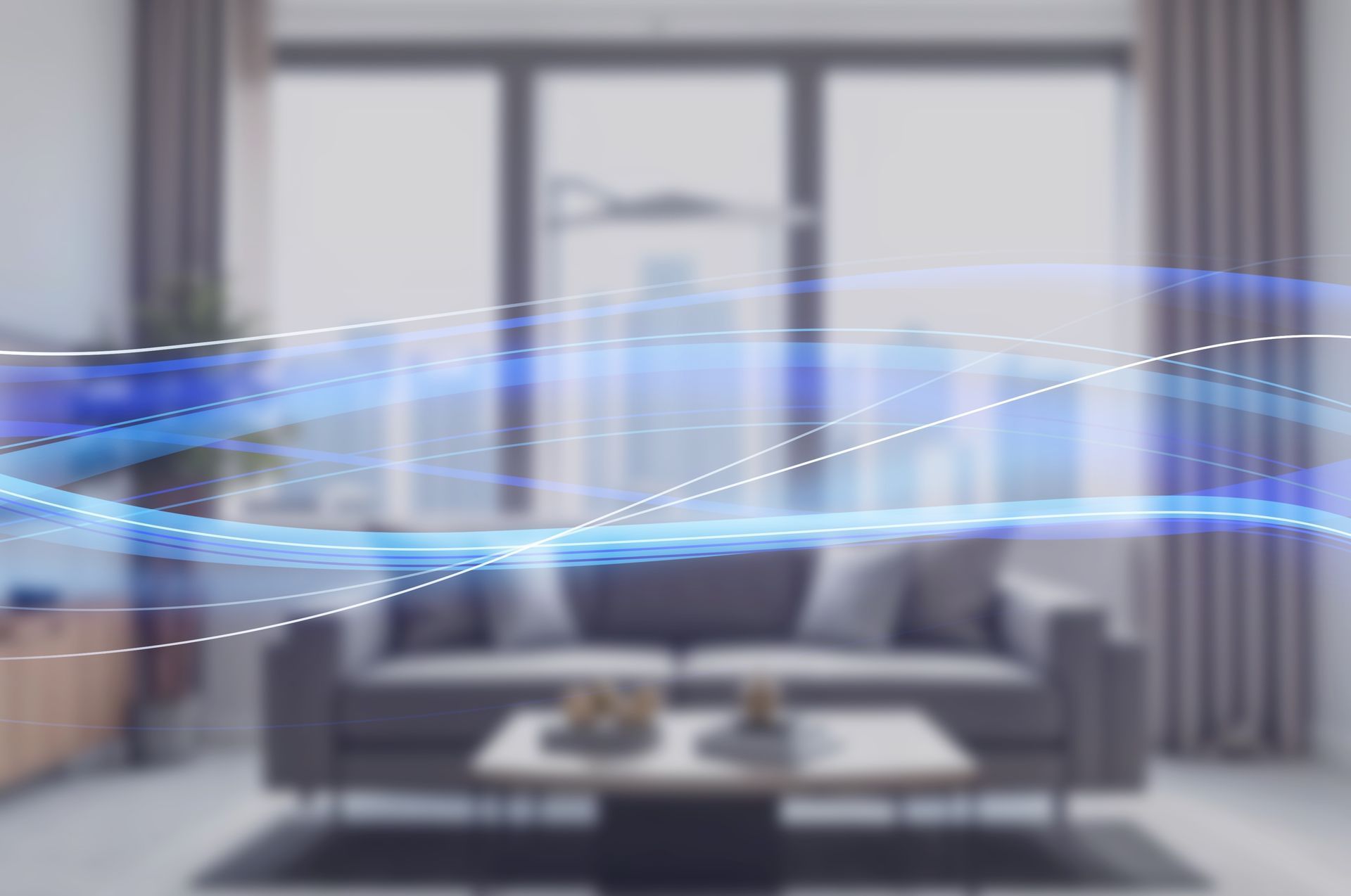 Blurred modern living room with a blue digital wave overlay across the center
