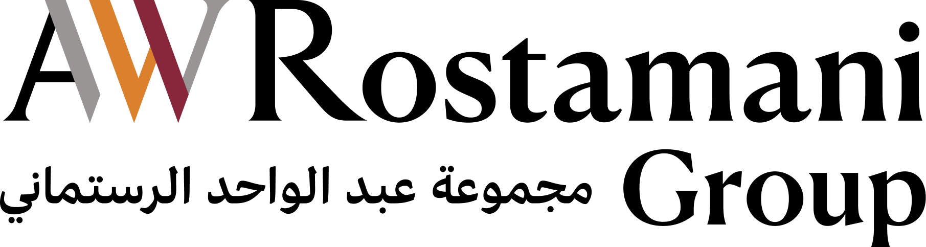 Logo of AW Rostamani Group, black text with Arabic translation. A stacked