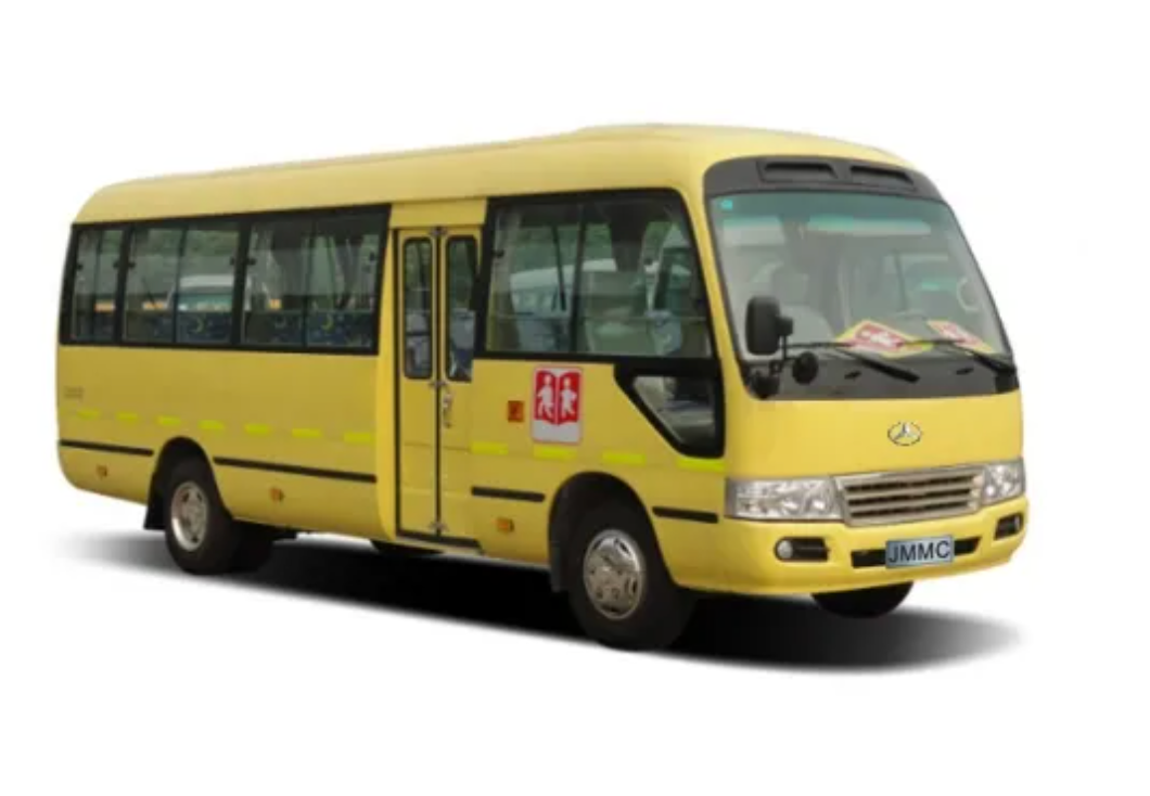 Yellow bus parked on a white background; side view, doors closed, windows visible.
