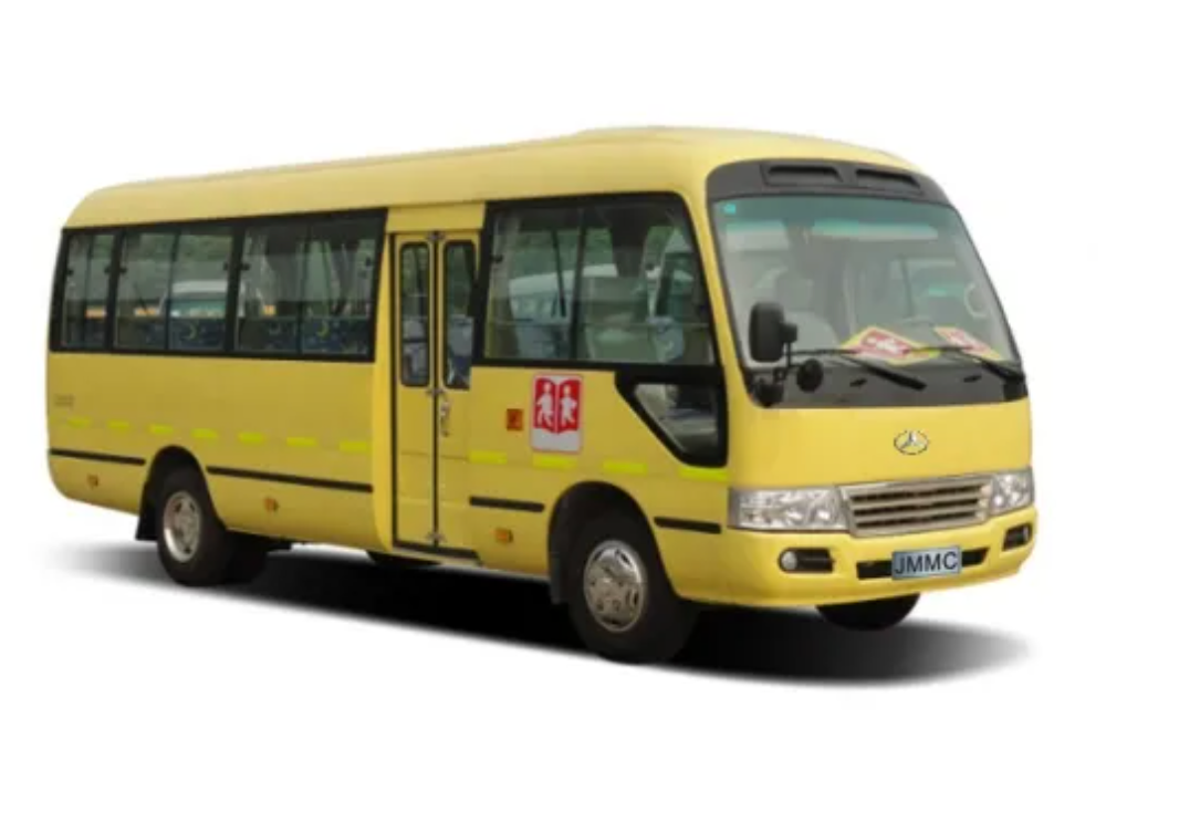 Yellow school bus on a white background, parked with door open.