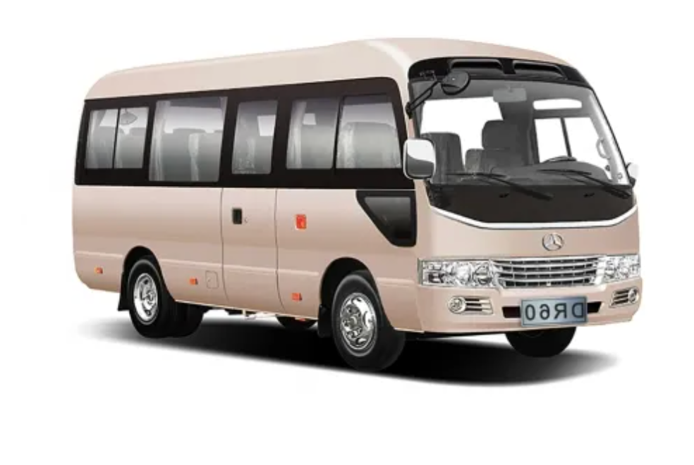 Tan minibus with tinted windows, parked on a surface.