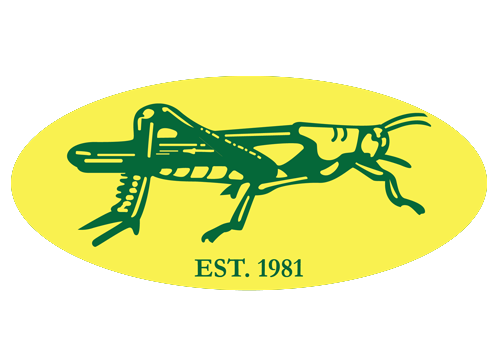 Yellow oval logo with a green grasshopper and the text “EST. 1981”