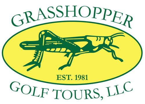 Grasshopper Golf Tours, LLC logo with green grasshopper in yellow oval, “EST. 1981” text