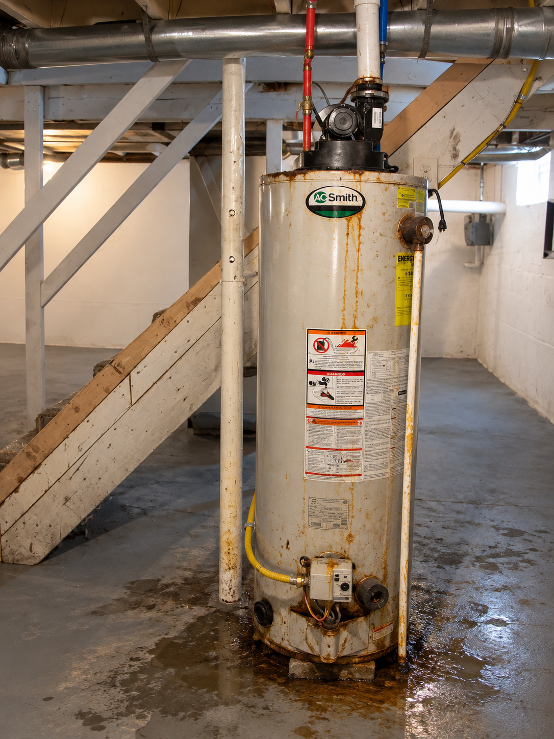 Water heater in a basement utility area, with pipes, valves, and a wet floor around its base.