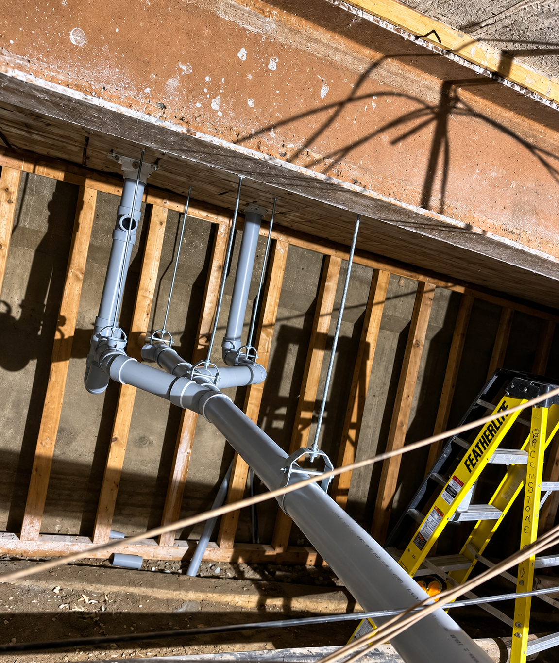 Plumbing pipes and supports inside a wall under repair, with a yellow ladder in the foreground.