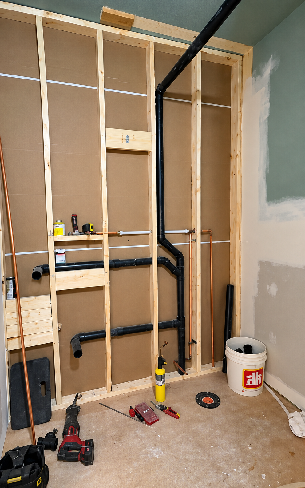 Unfinished room wall with exposed studs, black pipes, tools on the floor, and drywall patching in progress