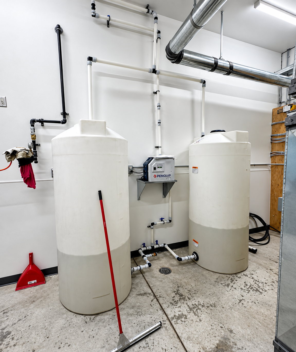Industrial utility room with two large white tanks, wall piping, and cleaning tools on the floor.