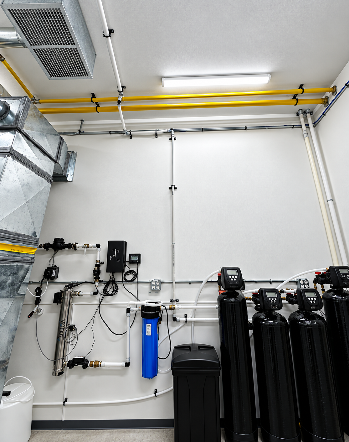 Utility room with pipes, filtration equipment, and black tanks under yellow overhead piping.