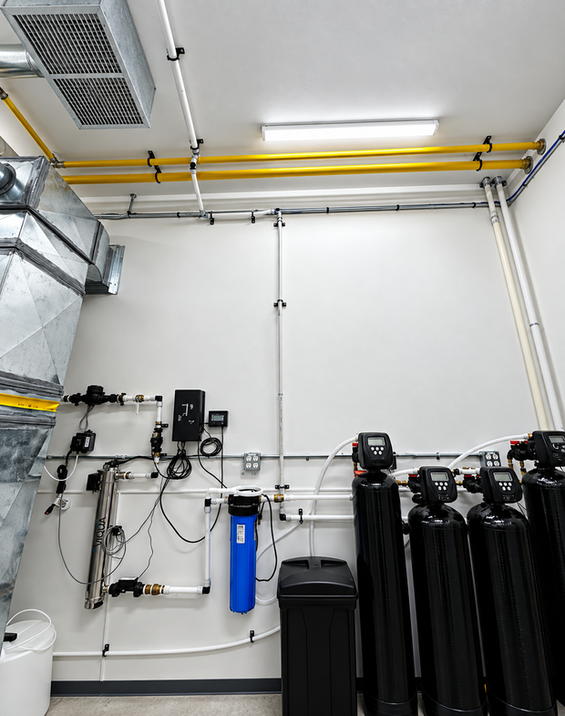 Utility room with pipes, filtration equipment, and black tanks under yellow overhead piping.