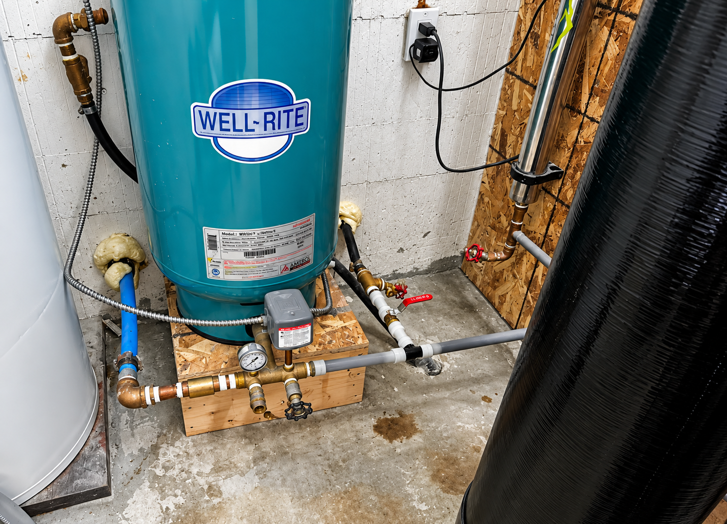 Blue Well-Rite water tank with plumbing pipes and valves in a utility room, next to a black tank