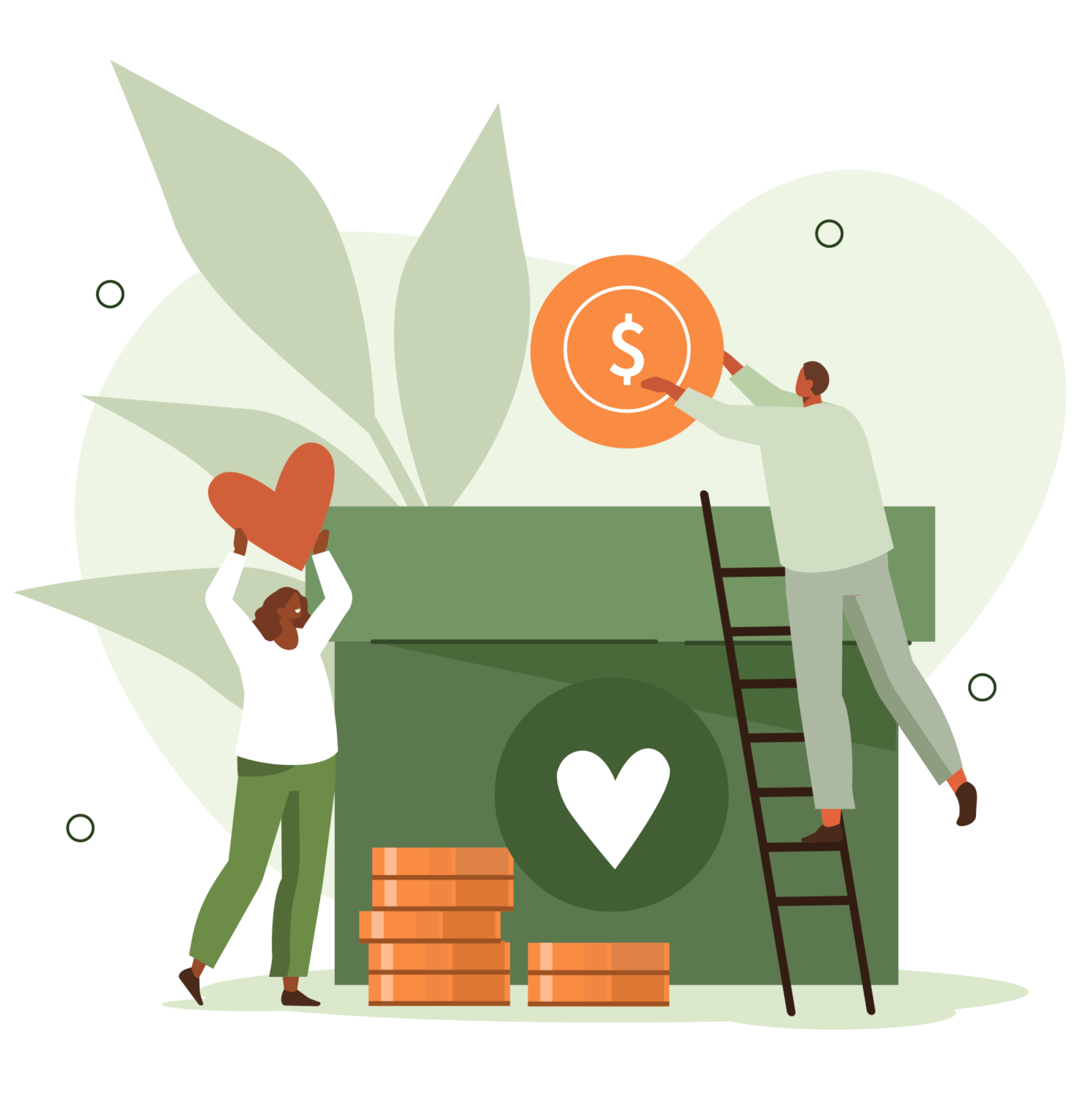 A couple of people putting money into a box with a heart on it.
