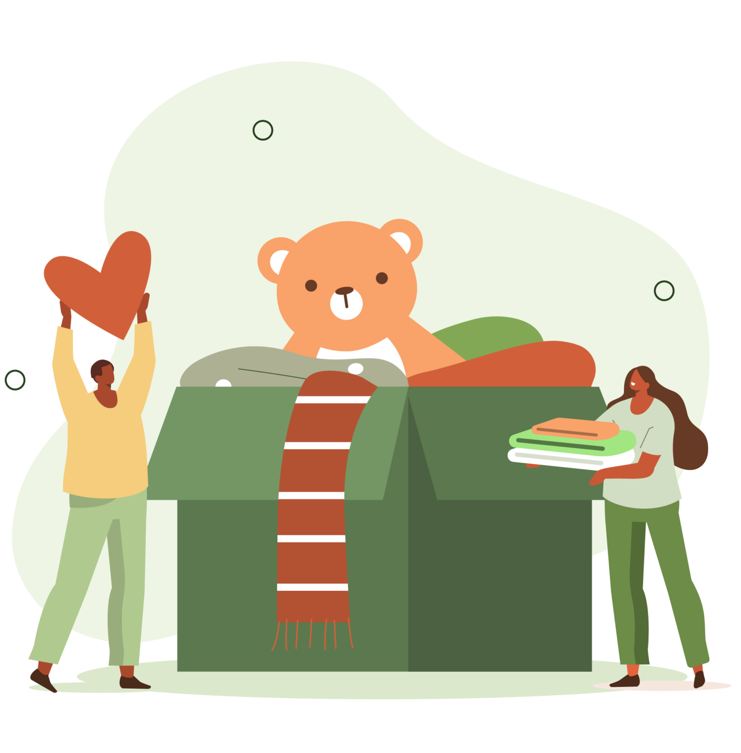 A group of people are putting clothes in a box with a teddy bear in it.