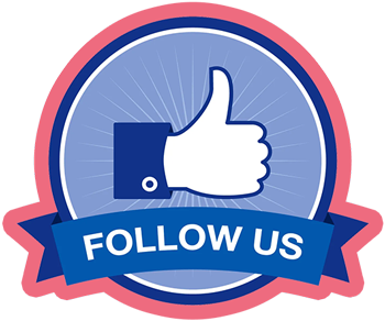 A sticker that says follow us with a thumbs up