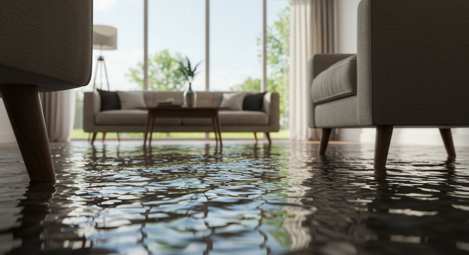 Salon inondé ; l'eau sur le sol reflète les meubles, fenêtre ensoleillée en arrière-plan.